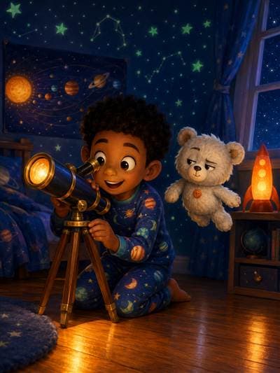 Jamere kneeling at his telescope with Captain Fluff — Book 1 cover art